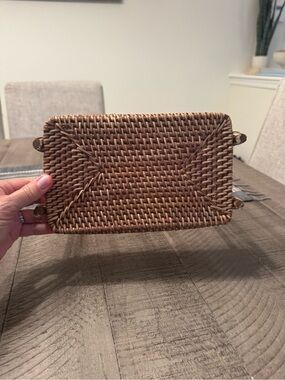 Target two tired wicker shelf stand. 10 x 10 x 5.5”.